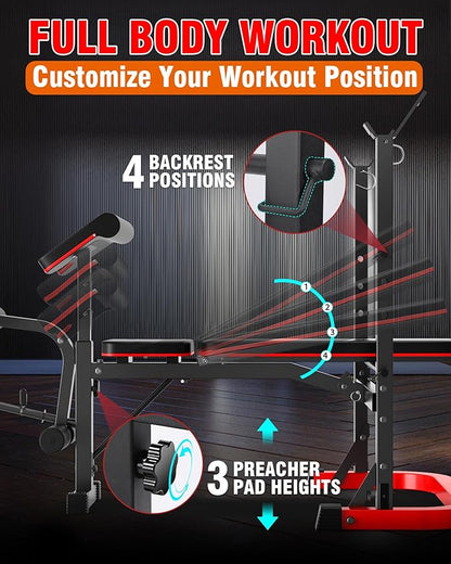 OPPSDECOR 6 in 1 Weight Bench Set with Leg Extension and Leg Curl, 660 LBS Adjustable Bench Press Set with Preacher Curl Pad, Foldable Workout Bench for Home Gym, Strength Training for Teens/Adults