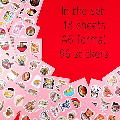 BulbaCraft Ramen Stickers for Water Bottle and Laptop - Foodie Party Supplies & Decorations, Waterproof Vinyl Noodle Decals, Cute Ramen Stickers Laptop Decals, Gifts for Women & Men