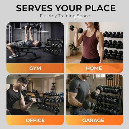 Rubber Hex Dumbbell Set with Rack, 8/10/12/15/20 Pair (450/550/780/1200/1550/2100 lbs total) Weight Rack with Dumbbells for Home Gym & Strength Training
