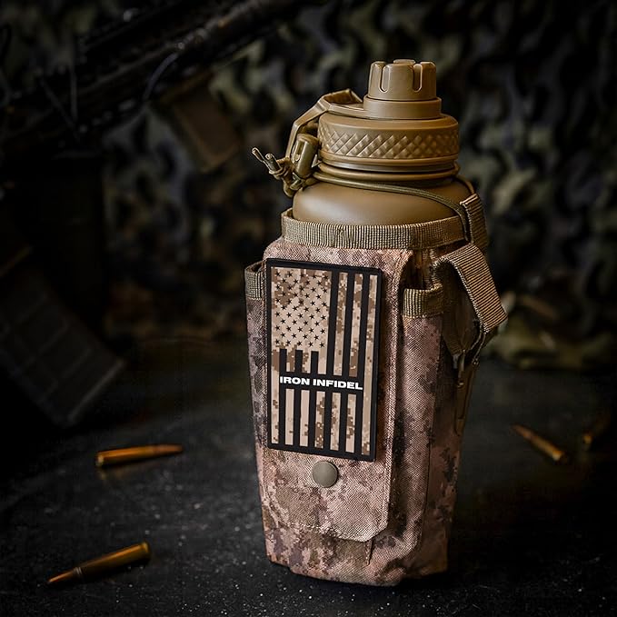 Iron Infidel Battle Bottle - 32 Oz Insulated Water Bottle with Straw Lid & Chug Cap, Stainless Steel Metal Tactical Flask With Rugged, Removable Sleeve for Keys & Phone or Wallet (MARPAT 1 Liter)