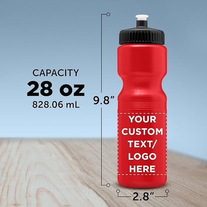 DISCOUNT PROMOS 28 oz. Custom Push Cap Plastic Water Bottles Set of 10/50/100, Personalized Bulk Pack - Perfect for Gym, Hiking, Camping, Outdoor Sports -Red