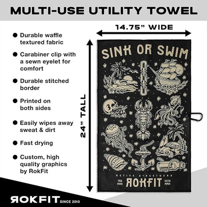 RokFit Gym & Golf Towel – Multi-Use, Quick-Dry, Durable Utility Towel with Bold Graphic and Carabiner Clip (Sink Or Swim)