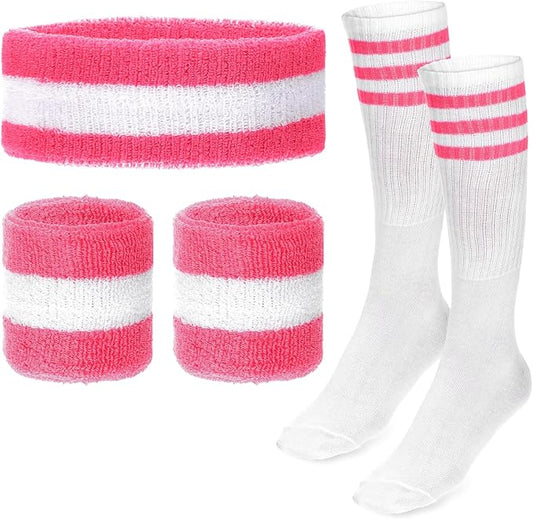 5 PCS Sweatbands Set Headband Wristbands and Striped Socks, Sweat Band for Women Neon Sports Pink Headband Fitness 80s 90s Costumes Accessories Fitness Workout Outfit for Women and Men