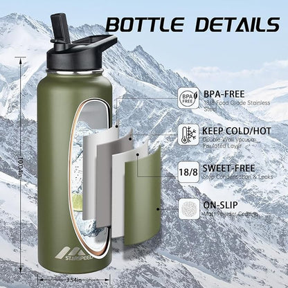 StarSpeed 40oz Insulated Water Bottle with Straws & 2 Lids, Stainless Steel Double Walled Vacuum Water Flask, Wide Mouth Sports Water Bottle for Gym Camping Hiking, Navy Green