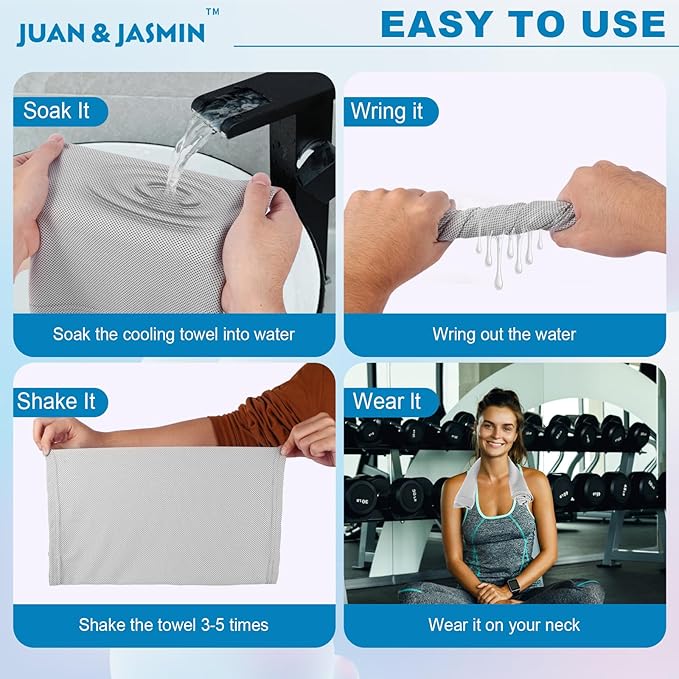 JUAN & JASMIN 2 Pack Cooling Towels (19.5"x15"), Soft Breathable Chilly Towels, Super Absorbent, Ice Wraps, Towels-Ideal for Hiking, Running, Workout, Gym, Dancing, Camping, Fitness (Light Gray)