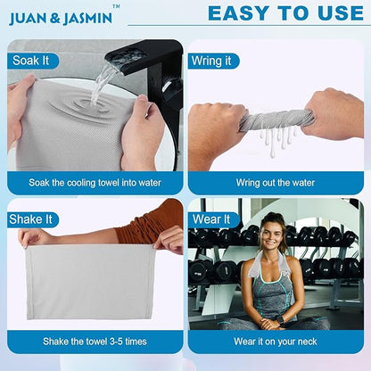 JUAN & JASMIN 2 Pack Cooling Towels (19.5"x15"), Soft Breathable Chilly Towels, Super Absorbent, Ice Wraps, Towels-Ideal for Hiking, Running, Workout, Gym, Dancing, Camping, Fitness (Light Gray)