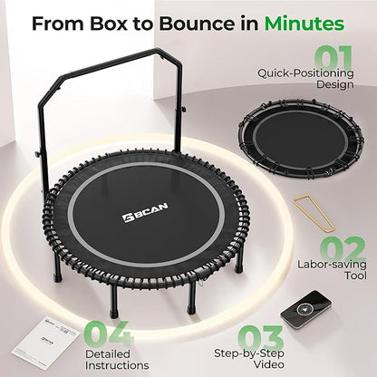 BCAN BT2 450/550LBS Mini Rebounder Trampoline for Adults with Bar, Fitness Trampoline with Bungees, Adjustable Handle, Stable & Quiet, Indoor Outdoor, Whole-Body Workout & Relaxation at Home-40IN/48IN