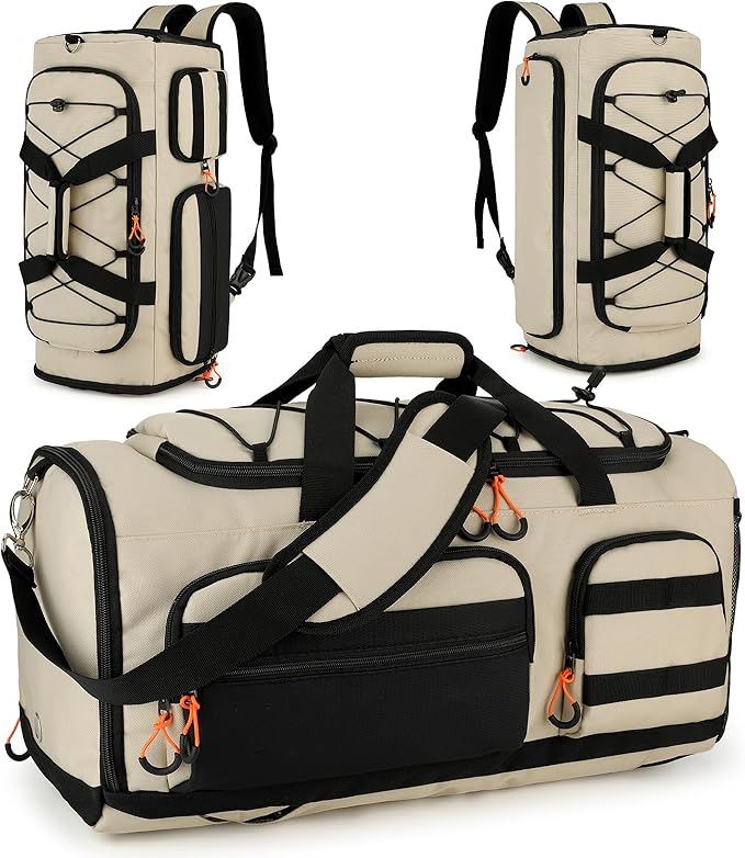 Searock 45L Gym Bag for Men, 3-In-1 Duffle Bag Backpack for Travel, Sports Duffel Bags for Gym Workout, Weekender Overnight Bag with Shoe Compartment, Wet Pocket, Khaki