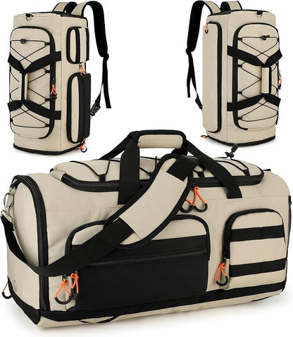 Searock 45L Gym Bag for Men, 3-In-1 Duffle Bag Backpack for Travel, Sports Duffel Bags for Gym Workout, Weekender Overnight Bag with Shoe Compartment, Wet Pocket, Khaki