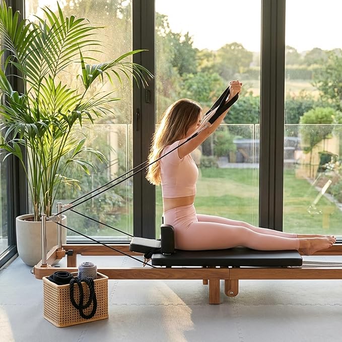 Foldable Pilates Reformer & Pilates Square Box Set–90% Pre-Assembled Home Gym Women Men Workouts Bundle, Dual Resistance System (Springs + Latex), Jumpboard & Adjustable Foot Bar for All Levels