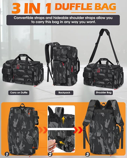 RAINSMORE Gym Bag for Men, 45L Sports Travel Duffel Bag with Shoe & Laptop Compartment, Gym Workout Backpack Carry On Weekender Bag Overnight Backpack for Travel, Black Camo