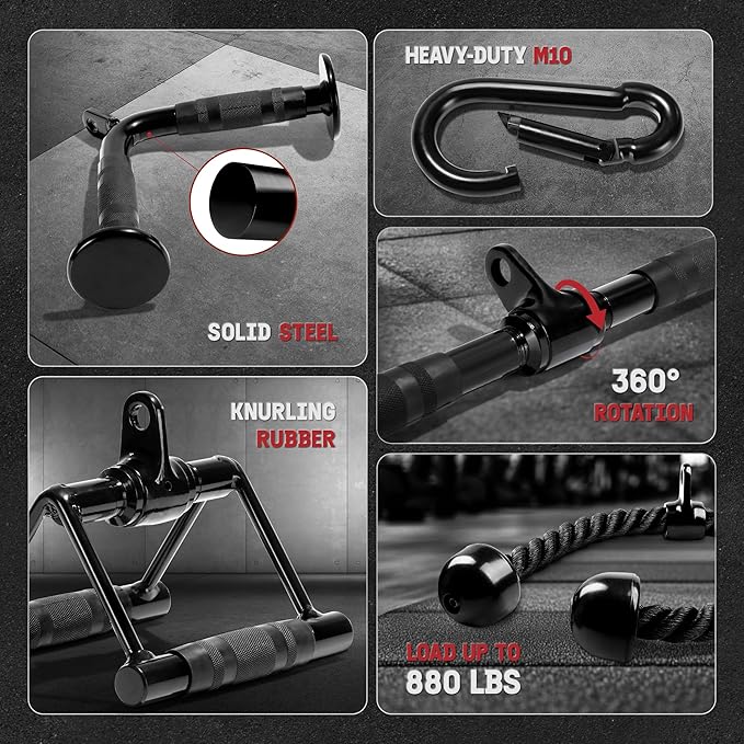 Yes4All Cable Machine Attachment, Row Handles, Tricep Rope, Straight Bar, V Bar, LAT Pulldown Accessories Load 880 LB for Home Gym