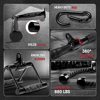 Yes4All Cable Machine Attachment, Row Handles, Tricep Rope, Straight Bar, V Bar, LAT Pulldown Accessories Load 880 LB for Home Gym