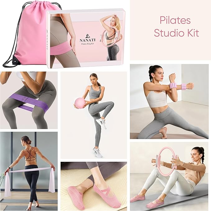 Pilates Kit, Pilates Essentials Kit for Women Home Workouts, Pilates Equipment with 14.5" Pilates Ring and Ball,7 Resistance Bands,Ankle Weights,Sliders & Grip Socks for Beginners