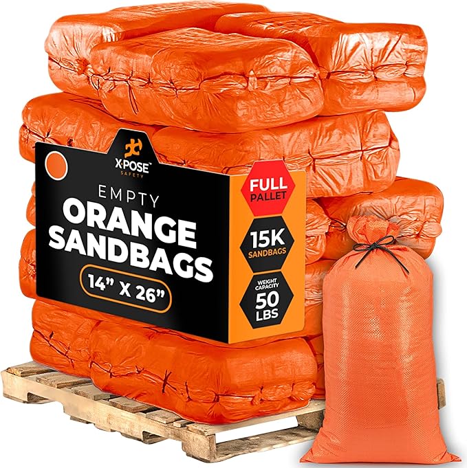 Xpose Safety Heavy Duty Sand Bags with Tie Strings – Empty Woven Polypropylene Sandbags for Hurricane Flood Protection, 50 lb Capacity, 14" x 26", Orange, 15000 Sandbags (Full Pallet)