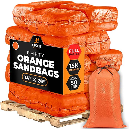 Xpose Safety Heavy Duty Sand Bags with Tie Strings – Empty Woven Polypropylene Sandbags for Hurricane Flood Protection, 50 lb Capacity, 14" x 26", Orange, 15000 Sandbags (Full Pallet)
