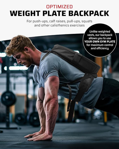 Weighted Backpack for Gym Weight Plate - for Pushups, Calf Raises, Squats, Wear on Back or Front, Fits Up to 17.5” Diameter, 2.5” Thick Plate, Padded Straps & Secure Buckles - For Home & Gym