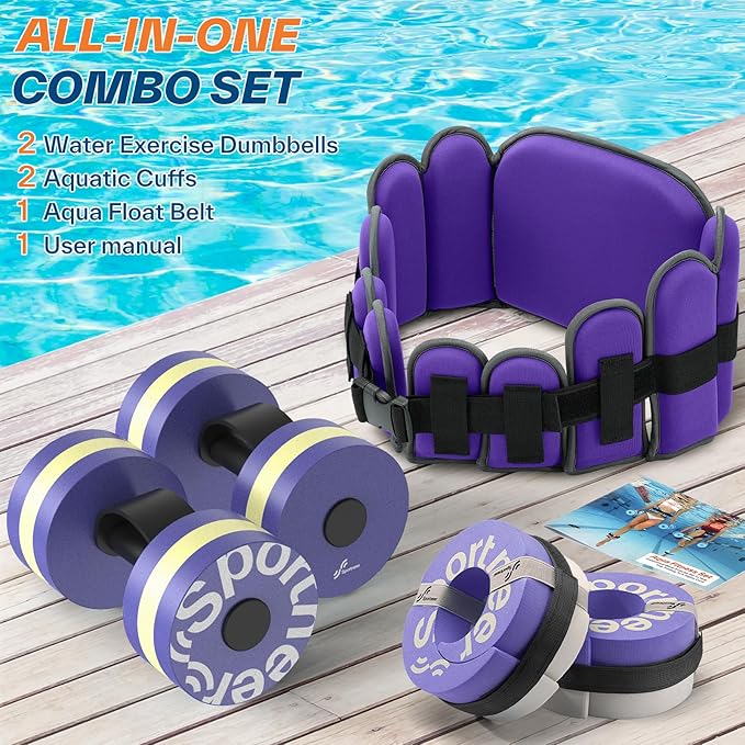 Sportneer Aquatic Exercise Equipment Water Aerobics Combo Set Includes High Density Water Weights Dumbbell Aqua Belt Water Ankle Weights for Pool Exercise Aquatic Therapy Pool Fitness Water Exercise