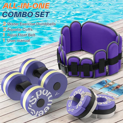 Sportneer Aquatic Exercise Equipment Water Aerobics Combo Set Includes High Density Water Weights Dumbbell Aqua Belt Water Ankle Weights for Pool Exercise Aquatic Therapy Pool Fitness Water Exercise