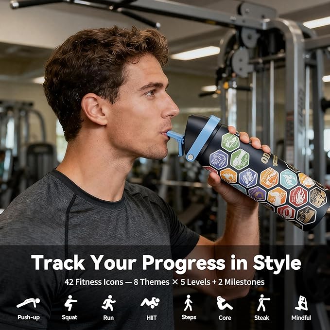 32 oz Motivational Insulated Stainless Steel Water Bottle for Sports, Gym & Travel, 2-in-1 Push-Button Spout & Quick-Flip Straw, Leak-Proof BPA-Free, Keeps Cold 30H, with DIY Fitness Stickers