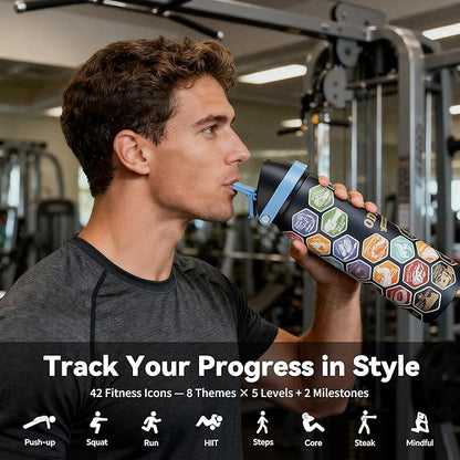 32 oz Motivational Insulated Stainless Steel Water Bottle for Sports, Gym & Travel, 2-in-1 Push-Button Spout & Quick-Flip Straw, Leak-Proof BPA-Free, Keeps Cold 30H, with DIY Fitness Stickers