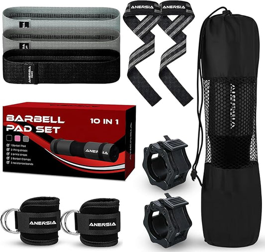 10 in 1 Barbell Pad Set for Squats & Hip Thrust – Barbell Pad with Resistance Bands, Lifting Straps, Ankle Straps & Barbell Clamps – Weightlifting Accessories Kit for Home Gym