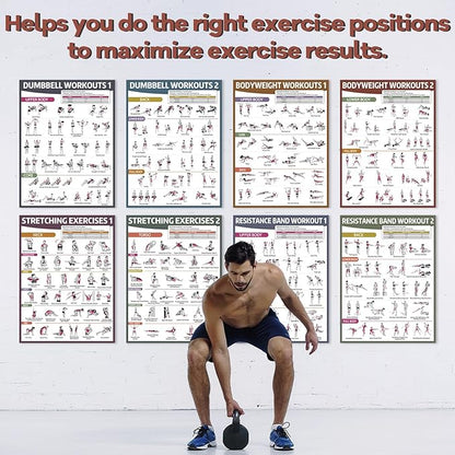 gisgfim 12PCS Workout Posters for Home Gym Dumbbells, Bodyweight, Stretching, Kettlebells, Yoga, Resistance Bands Exercise Chart Muscle Engagement Chart Full Body Workout Poster Set Garage Gym Decor