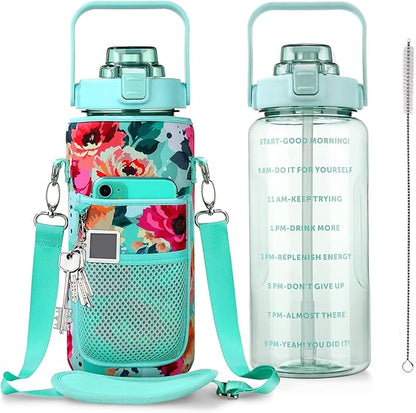 Half Gallon Water Bottle with Sleeve, 64OZ Motivational Water Bottle with Straw & Time Marker, BPA Free Leakproof Large Sports Water Bottle, Reusable Water Jug for Workout Gym Sport