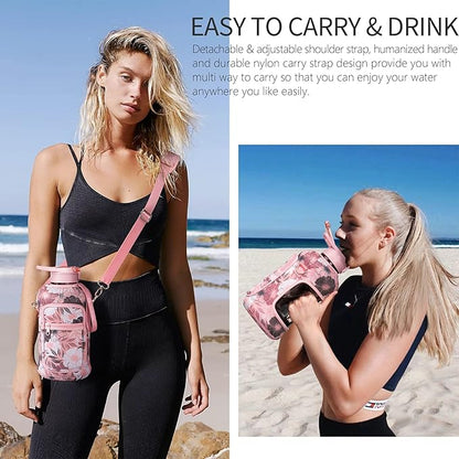 Fimibuke Half Gallon Water Bottle with Sleeve 64 OZ Water Bottle with Handle & Straw Leakproof Motivational Sports Gym Water Bottle with Time Marker BPA Free Water Jug with Reusable Neoprene Holder