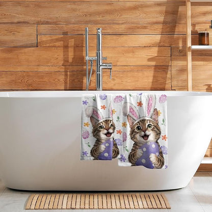 Easter Cat Hand Towels 2 Pack 14"x28" Pink Rabbit Ears Kitchen Towels Cat Bunny Eggs Dish Towels Spring Summer Holiday Finger Towels for Kitchen Bathroom Shower Hotel Gym