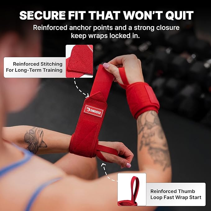 DMoose Fitness Wrist Wraps for Weightlifting 18" - Heavy Duty Gym Wrap with Hand Thumb Loop for Support & Pain Relief, USPA Approved Powerlifting, Weight Lifting Wrist Straps for Men & Women Work Out