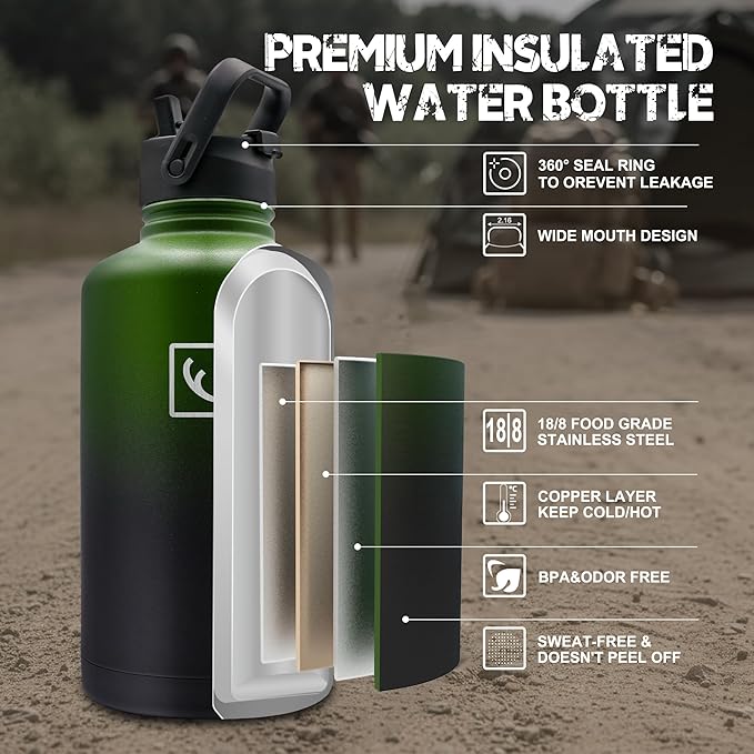 NATURE PIONEOR 64 oz Tactical Water Bottle Set, Stainless Steel Half Gallon Insulated Water Bottle with Tactical MOLLE Bottle Carrier Sleeve, for Outdoor Work, Gym, Hiking, Camping