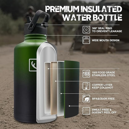 NATURE PIONEOR 64 oz Tactical Water Bottle Set, Stainless Steel Half Gallon Insulated Water Bottle with Tactical MOLLE Bottle Carrier Sleeve, for Outdoor Work, Gym, Hiking, Camping