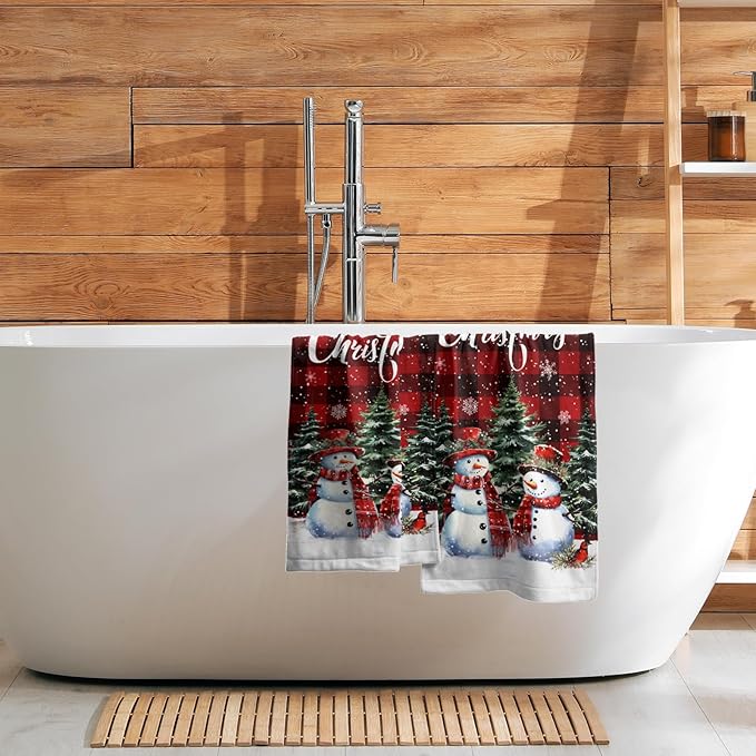 Xmas Snowman Small Bathroom Towels Set Merry Christma Black Red Buffalo Plaid Hand Towels Winter Trees Holiday Kitchen Dish Towels Absorbent Fingertip Towel for Hotel Beach Gym Spa 28x14 inch
