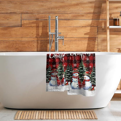 Xmas Snowman Small Bathroom Towels Set Merry Christma Black Red Buffalo Plaid Hand Towels Winter Trees Holiday Kitchen Dish Towels Absorbent Fingertip Towel for Hotel Beach Gym Spa 28x14 inch