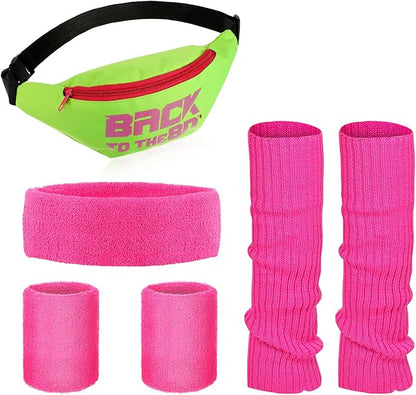 SATINIOR 80s Women Workout Outfit Neon Leg Warmer Headband Wristbands Fanny Pack Set 80s Accessories for Yoga Running