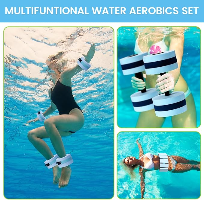 6 Pcs Aquatic Exercise Set Water Aerobics Set Large Mesh Beach Bag Pool Fitness Equipment Foam Water Dumbbell Ankle Swimming Weight Aquatic Swim Belt for Exercise Weight Loss