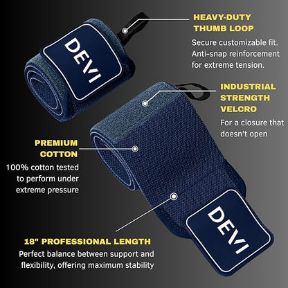 Wrist Wraps for Weightlifting 18" with Thumb Loop- Professional Quality, Best Wrist Support Wraps for Gym, Powerlifting Competition, Bodybuilding, Strength Training, Curls & Dips, Bench Press- Men and Women (Pair) DEVI