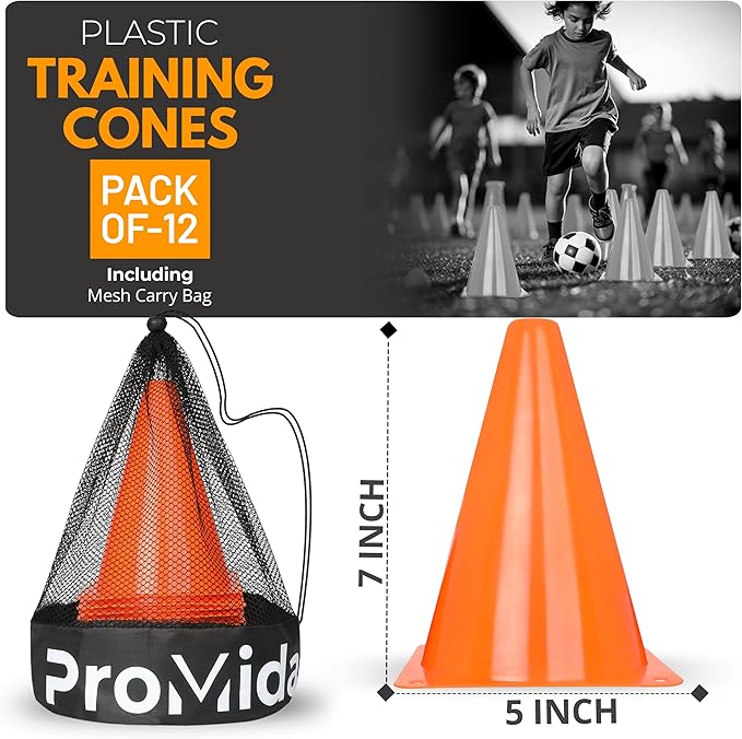 7 Inch(12 PCs) Soccer Cones for Training Kids with Mesh Bag - Small Traffic Cones for Sports Training - Flexible Conos for Soccer Practice, Basketball & Football Drills Equipment