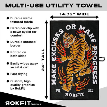 RokFit Gym & Golf Towel – Multi-Use, Quick-Dry, Durable Utility Towel with Bold Graphic and Carabiner Clip (Make Excuses Or Make Progress)