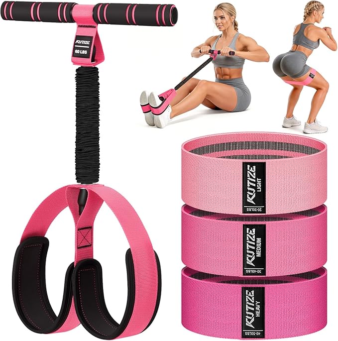 Pedal Resistance Band with Handle and Booty Bands Set for Women, 2 in 1 Fabric Exercise Bands for Core, Leg and Glutes, Full Body Home Gym Exercise Equipment for Yoga, Pilates, Physical Therapy