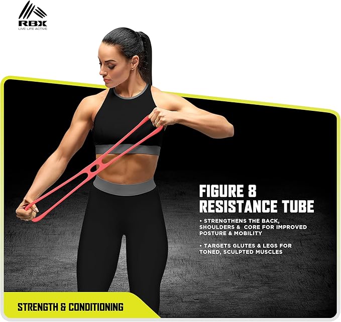 RBX 5 Piece Home Gym Workout Kit - Light, Medium, Heavy Resistance Bands, Figure 8 Resistance Tube, Pilates Core Sliders & Carry Bag