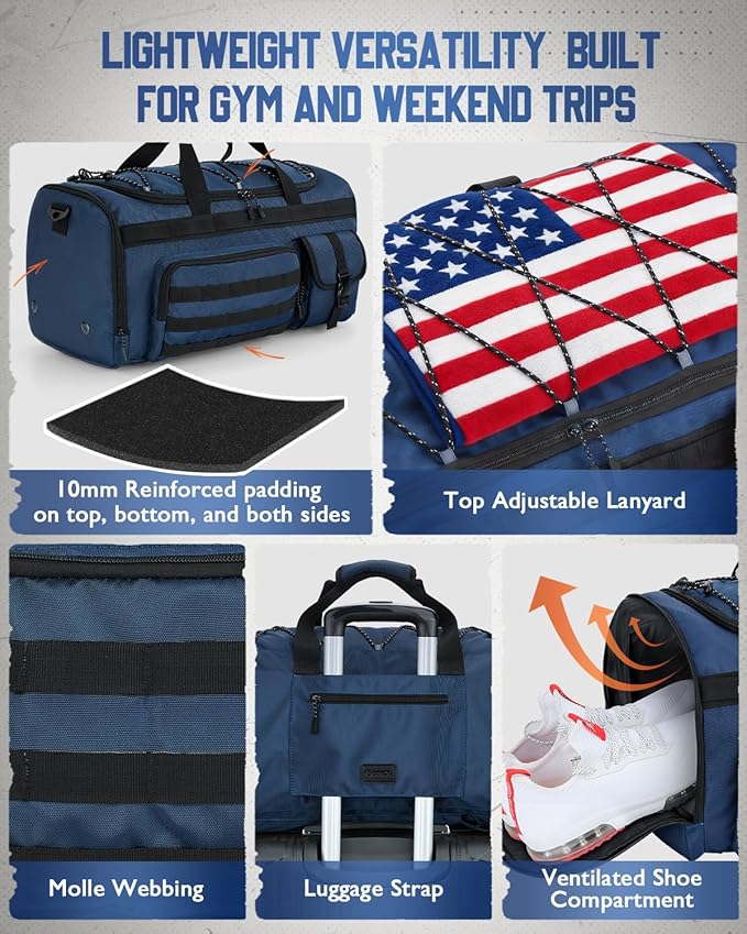 Gonex 45L Duffel Bag for Men, 3 in 1 Convertible Carry Gym Duffle with Shoe Compartment, Tactical Gear Loops, Water-Repellent Lining, Workout & Travel Bag (Dark Blue)