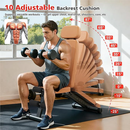 XDDIAS Workout Bench, 10 Backrests Adjustable Weight Bench with Extended Headrest, 800LBS Foldable Weight Bench for Home Gym, Incline Decline Flat Bench Compact for Small Space Training