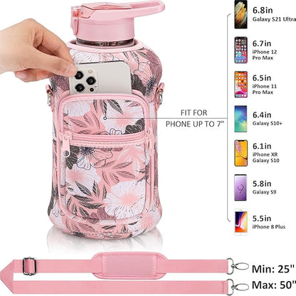 Fimibuke Half Gallon Water Bottle with Sleeve 64 OZ Water Bottle with Handle & Straw Leakproof Motivational Sports Gym Water Bottle with Time Marker BPA Free Water Jug with Reusable Neoprene Holder