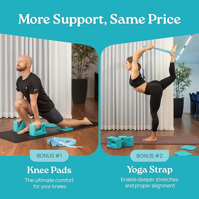 PRO Yoga Blocks | Ergonomic Yoga Block 2 Pack for Wrist Comfort and Support | EVA Foam Exercise Blocks, 2x Knee Pads & Yoga Strap | Pilates Block Set | Bricks to Eliminate Wrist Pain