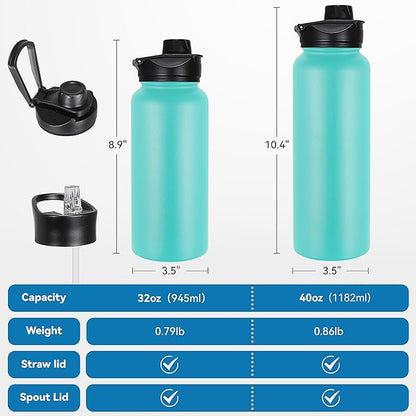VEGOND 32 oz Insulated Water Bottle Stainless Steel Metal Water Bottles with Leak Proof Straw Lid & Spout Lid, Wide Mouth Double Walled Vacuum Travel Sports Bottle, Mint Green