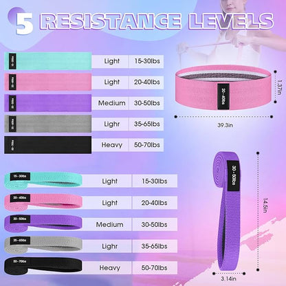 10 Pcs Fabric Resistance Bands for Working Out, 5 Levels Elastic Non-Slip Exercise Bands with Guide for Women and Men Legs and Glutes - for Home, Gym, Yoga, Pilates, Stretching