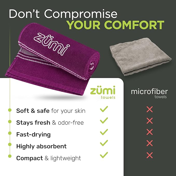 Zumi 100% Cotton Quick Dry Large Travel Towel - Soft, Thin, Compact, Highly Absorbent, Lightweight Camping Towel for Beach, Gym, Bath, Shower, Swimming, Pool, Dorm, RV - Purple