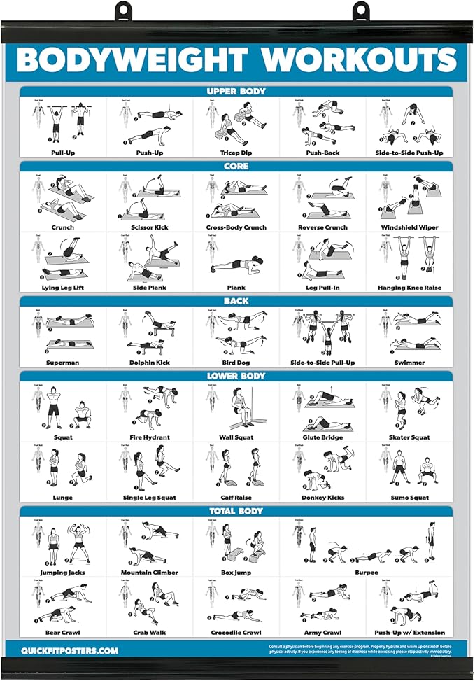Palace Learning Bodyweight Workout Exercise Poster - Body Weight Workout Chart - Calisthenics Routine -with Plastic Frame, 18" x 24"
